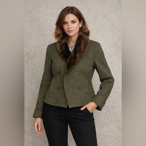 J.Crew Vintage (Early 2000s) Green Wool Tweed Pea Coat Faux Fur Collar